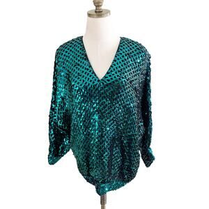NWOT Vintage 80s Three Flaggs Metallic Teal Sequin Dolman Sleeve Top Sz M V-Neck